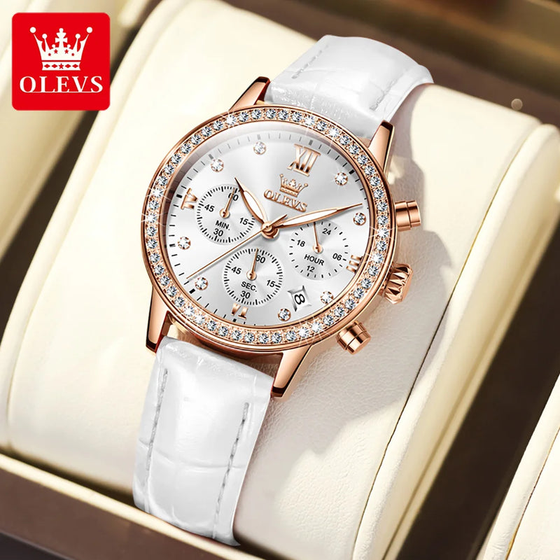 OLEVS Luxury Watches For Women Top Brand Luminous Date Leather Waterproof Chronograph Quartz Ladies Watch Relogio Feminino Girl