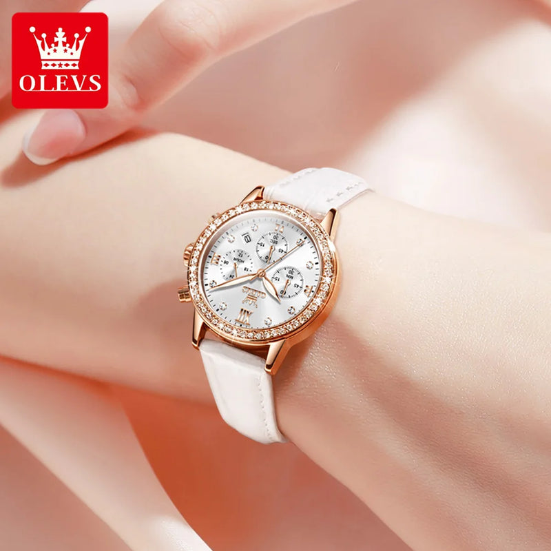 OLEVS Luxury Watches For Women Top Brand Luminous Date Leather Waterproof Chronograph Quartz Ladies Watch Relogio Feminino Girl