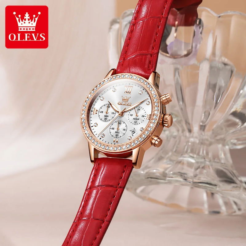 OLEVS Luxury Watches For Women Top Brand Luminous Date Leather Waterproof Chronograph Quartz Ladies Watch Relogio Feminino Girl